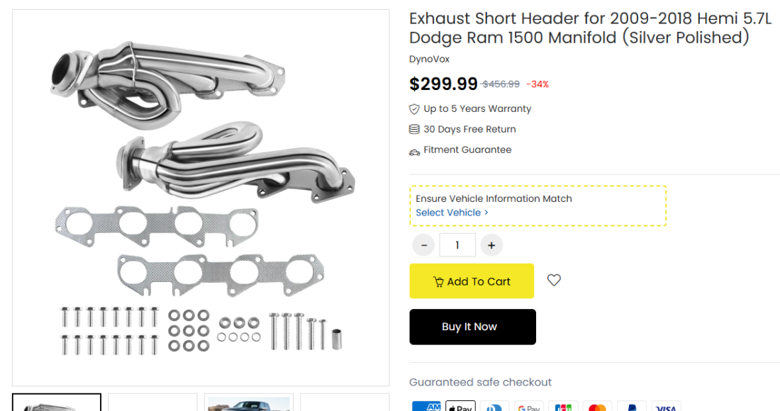 Exhaust Shorty Header for 2009 2018 Hemi 5.7L Dodge Ram 1500 Manifold (Silver Polished)