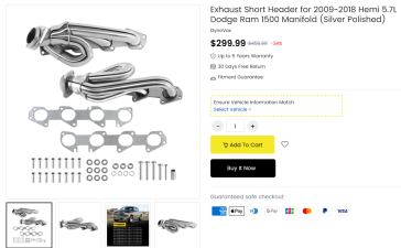 Exhaust Shorty Header for 2009 2018 Hemi 5.7L Dodge Ram 1500 Manifold (Silver Polished)