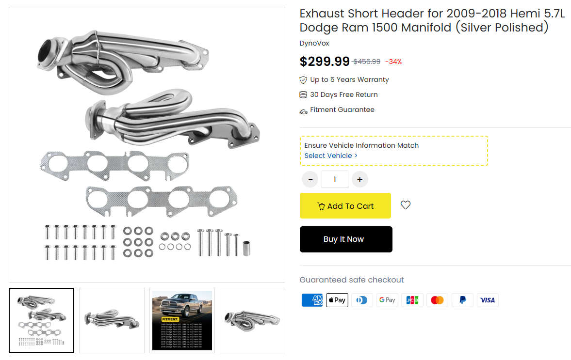 Exhaust Shorty Header for 2009 2018 Hemi 5.7L Dodge Ram 1500 Manifold (Silver Polished)